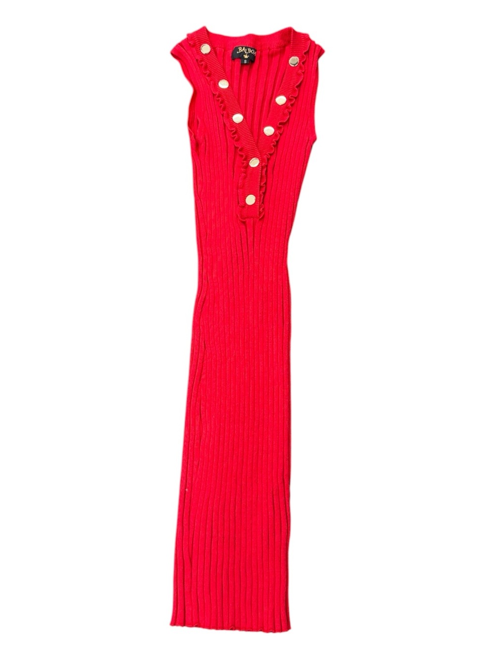 Balmain Fitted Red Ribbed Maxi Dress with Gold Buttons